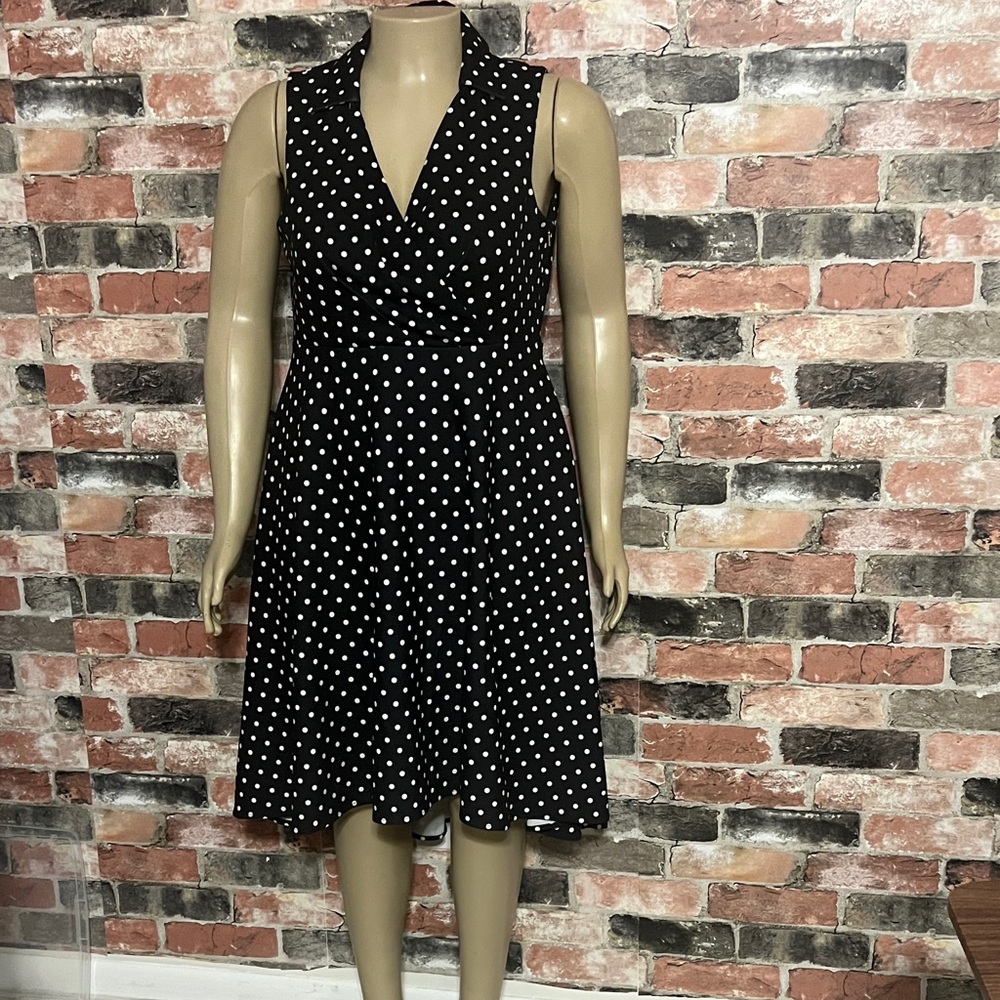 Donna Karan Black and White Polka Dot Sleeveless Midi Dress
